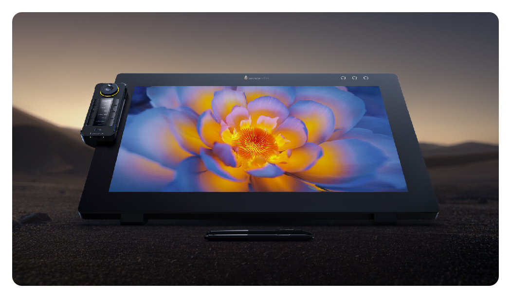 front on view of the pen display 24 with a multicoloured flower on the screen, Xencelabs Pen Display 24